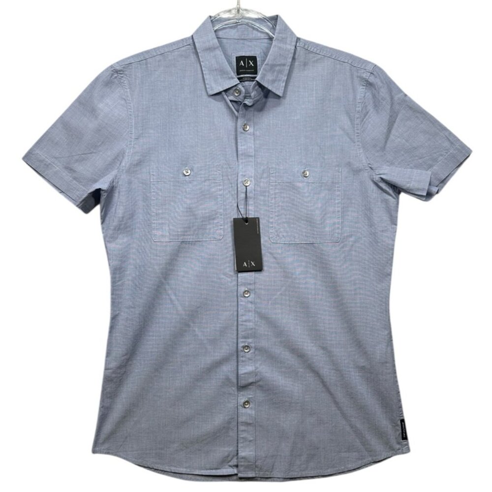 Armani Exchange Mens Fitted Casual Short Sleeve Button-Up Shirt Size M Blue